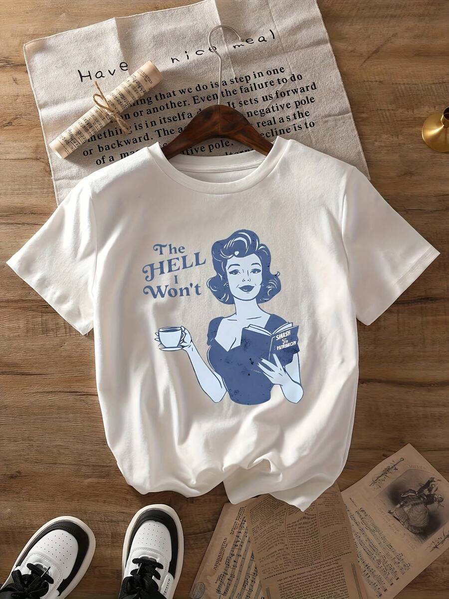 Camiseta de corte regular con estampado gráfico feminista - Diseño retro de dibujos animados "Hell Will Not", top casual de manga corta y cuello redondo, adecuada para verano y primavera, longitud regular, ropa de mujer, camiseta de mujer para uso diario casual en verano. - Blanco - Ver 1