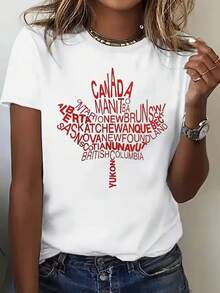 Diseño Sencillo, 1 pieza, Camiseta de Manga Corta con Cuello Redondo, Diseño con Mapa de Canadá y Hoja de Arce, Patrón Impreso en 2D, adecuada para todas las estaciones, Elegante y Práctica, Verano - Blanco - Ver 7