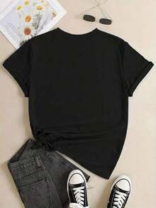 Casual Summer Butterfly Pattern Round Neck Short Sleeve T-Shirt For Women - Black - View 2