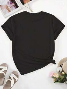 Floral Print Short Sleeve T-Shirt, Round Neck Top For Women, Casual T-Shirt, Suitable For Daily Wear In Spring/Summer, Women's Clothing. - 黑色 - 查看 3