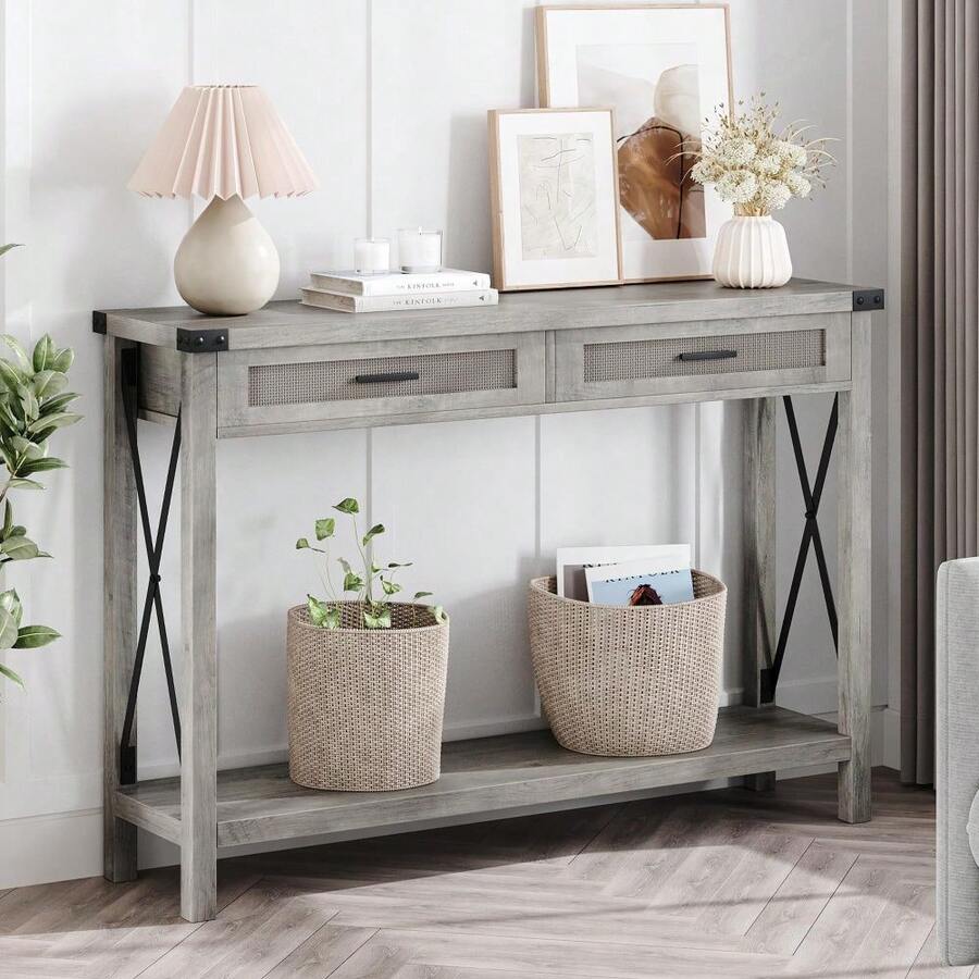 43-Inch Bohemian Console Table For Entryway, Rattan Drawers, Wooden Entryway Or Sofa Table With Storage, Decorative Design For Living Room, Hallway Or Foyer - Grey - View 1