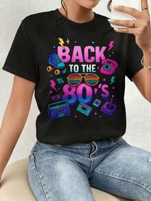 Camiseta de mujer con estampado retro ochentero patines,teléfono,boombox y gafas de sol coloridas.?Un look vintage y divertido! - Negro - Ver 6