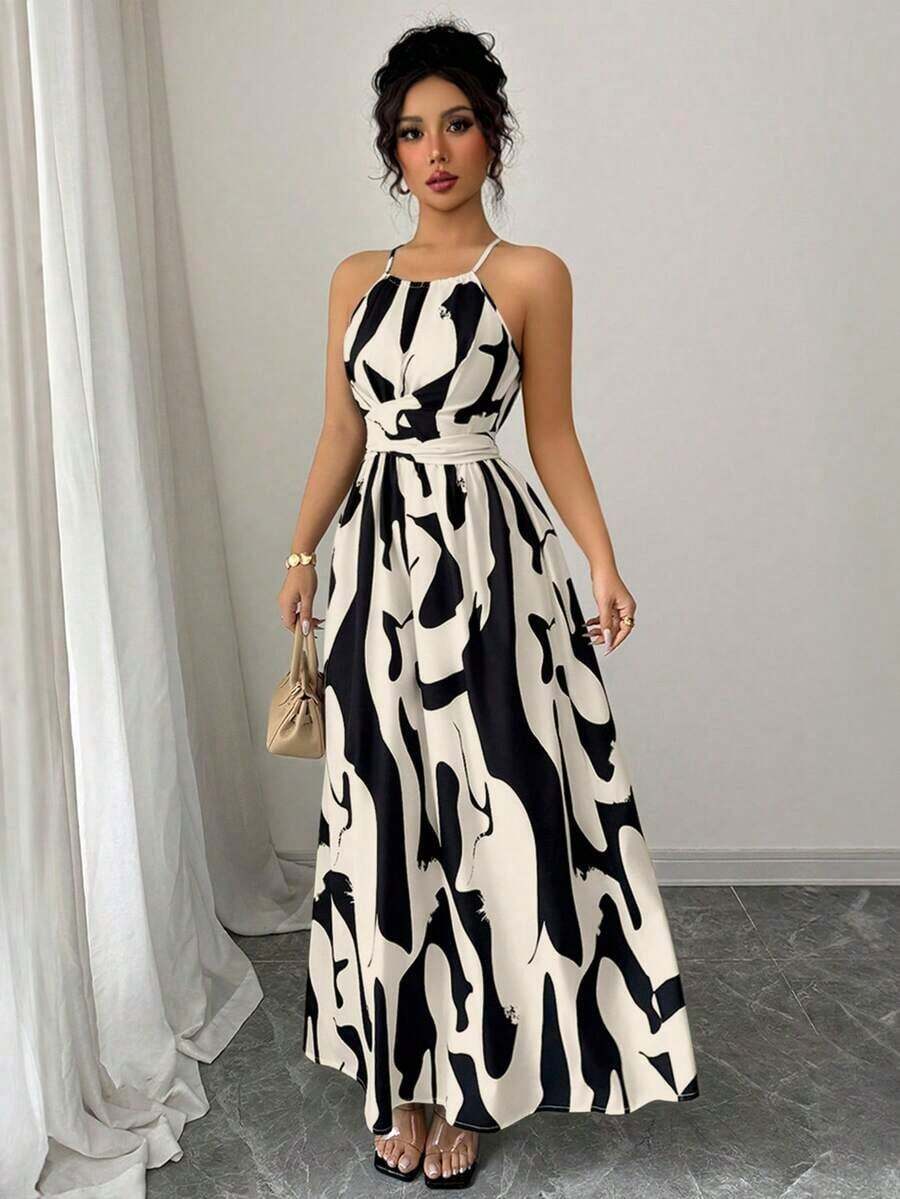 Vestido de línea A con estampado gráfico en blanco y negro, con hombros abiertos, nudo retorcido y escote de halter, elegante para primavera/verano de las mujeres - Albaricoque - Ver 1