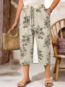 Pantalones casuales sueltos para mujer de talla grande, de unicolor, con cintura elástica y cordón - Albaricoque 2 - Ver 4