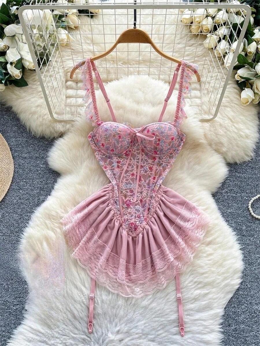 Vestido de Tirantes Sexy para Mujer, Nuevo Vestido Mini sin Mangas con Estampado Floral, Vestido Mini de Malla Transpirable y Cómodo - Rosa - Ver 1