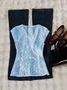 Camiseta de manga corta con botones y estampado de lunares con encaje de contraste para mujer - Azul - Ver 2
