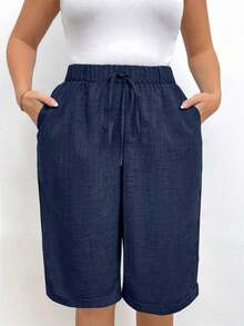 Pantalones cortos holgados de lino de talla grande para mujer, de unicolor, con bolsillo y lazo en la cintura, pantalones cortos anchos y de pierna ancha, pantalones cortos modestos para vacaciones y verano, color negro - Azul marino - Ver 4