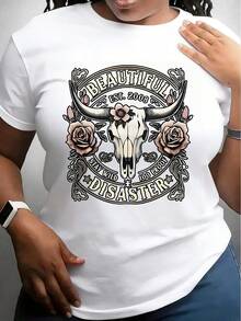 Western Style Women's T-Shirt With Bull Skull And Roses Design Beautiful Disaster Text Graphic Summer Casual Wear For Her Gift For Cowgirl Lovers - 白色 - 查看 1