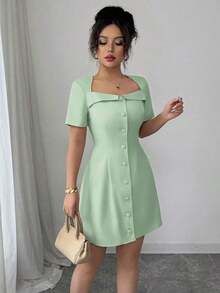 Vestido corto de manga corta con cuello trapezoidal elegante, volantes y cintura con botones en forma de línea A, adecuado para el trabajo, primavera/verano - verde menta - Ver 6