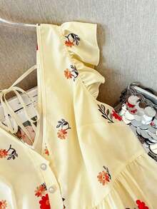 Blusa de mujer de talla grande con estampado floral de gasa, estilo casual de frente abierto tipo resort, versátil para primavera, verano y otoño - Amarillo claro - Ver 3