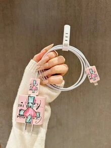 十字心形粉色充电线收纳套，兼容 16/17、15 Pro、14 Pro Max、13、12、11 - 耐用 TPU 数据线保护套 - 彩色 - 查看 1