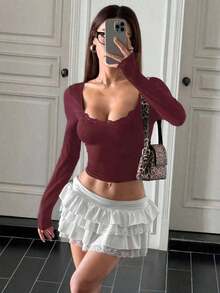 Camiseta ajustada de manga larga con cuello redondo y encaje de contraste en unicolor para mujer - Burdeos - Ver 5