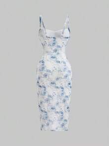 Vestido de tirantes finos con estampado floral, cintura imperio y bajo asimétrico - Azul - Ver 2
