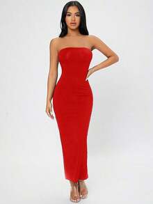 Vestido tubo con abertura trasera - Rojo - Ver 4