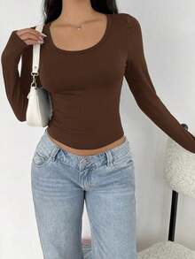 Camiseta de manga larga de ajuste ceñido con cuello alto y mangas raglán, estilo minimalista casual para mujer, primavera/otoño - Café integral - Ver 1