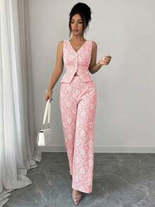 Conjunto de 2 piezas de chaleco y pantalones azules, con estampado de margaritas africanas, jacquard, en relieve, elegante y casual para uso diario y de oficina, para mujer - Rosa Pálido - Ver 1