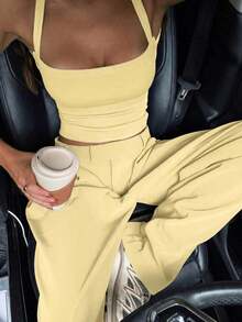 deportivo casual de unicolor, sexy, con espalda descubierta y tirantes cruzados, adecuado para el verano - Amarillo - Ver 4