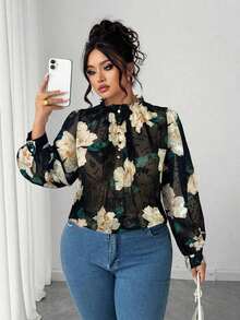 Blusa elegante de talla grande para mujer 2025 con encaje jacquard, parches y mangas con volantes, cintura ceñida y silueta evasé, adecuada para volver al colegio, graduación, vacaciones, San Valentín, festivales de música, Día de la Madre, Hallow - Negro 2 - Ver 4