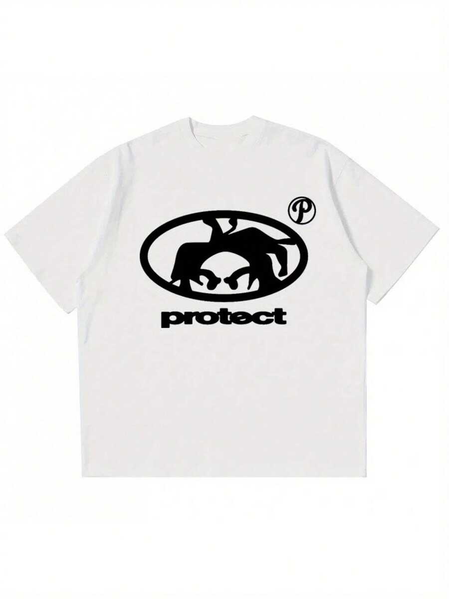 Y2K Retro Streetwear Shirt Compatible With Spike Hair & PROTECT Print, Black, Round Neck, Short Sleeve Unisex Breathable T-Shirt, Universal Casual Wear, Collectible Retro Aesthetic Top (Machine Washable) 90s 00s Style Fashion, Loose And Comfortable - 白色 - 查看 1