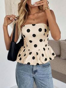 Top bandeau con dobladillo de peplum con estampado de lunares de moda para mujer - Albaricoque - Ver 4