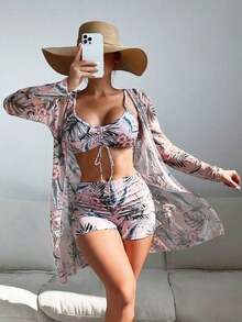 Conjunto de bikini con estampado tropical de tres piezas sujetador de empuje y bottom de bikini tipo hipster y kimono para mujer estilo vacaciones de verano en la playa - Rosa coral - Ver 9
