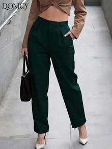 Pantalones rectos de cintura alta de unicolor para mujer, con pliegues, suaves y cómodos, versátiles y elegantes para uso casual urbano, adecuados para uso diario casual, citas, fiestas, San Valentín, carnaval y oficina - Verde Oscuro - Ver 7