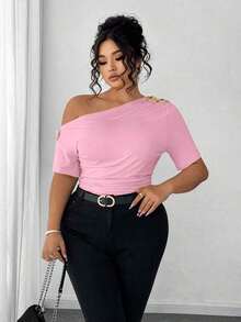 Blusa de talla grande para mujer elegante, personalizada, de moda, versátil, con un solo hombro, adecuada para uso diario - Rosa - Ver 6