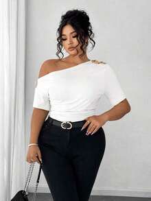 Blusa de talla grande para mujer elegante, personalizada, de moda, versátil, con un solo hombro, adecuada para uso diario - Blanco - Ver 5