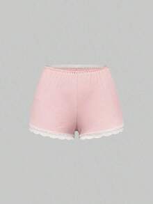 Conjunto de pijama casual de camiseta de tirantes acanalada y shorts con encaje - Rosa - Ver 8