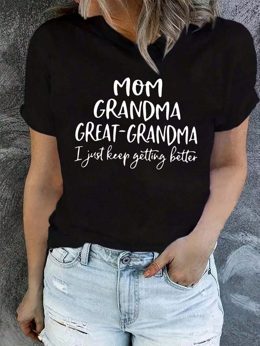 Camiseta Divertida para Mujer con Frase de Abuela - Fuente negra llamativa, con la impresión "Mamá, Abuela, Mona, me estoy mejorando cada vez más" - Camiseta blanca casual para uso diario - Regalo recomendado para el Día de la Madre o cumpleaños - Corte regular, cuello redondo, ropa con humor, diseño divertido, material duradero, camiseta estampada, expresa gratitud a la abuela. - Negro - Ver 1