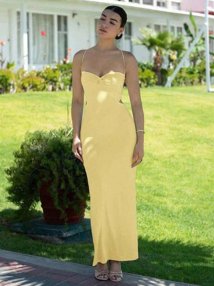 Vestido de verano con tirantes finos, con nudo delantero y espalda descubierta, de unicolor y minimalista para mujer - Amarillo - Ver 1