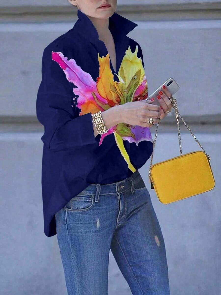 Camisa informal casual de mujer de manga larga con cuello cruzado y estampado floral - Azul marino - Ver 1