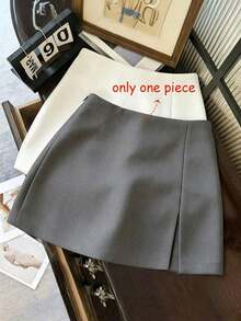 Falda de unicolor elegante, adecuada para negocios, viajes, estilo vintage romántico, casual de calle, citas, cenas, vacaciones y reuniones.Diseño con abertura lateral a la moda y sexy para primavera y verano - Gris - Ver 2
