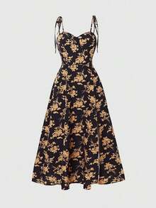 Vestido de línea A estampado, elegante y dulce para mujer, atuendo de mujer para vacaciones de verano - Negro - Ver 6