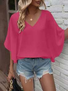 Camisa de manga corta de unicolor, cuello en V, holgada y casual para vacaciones - Rosa Fucsia 2 - Ver 8