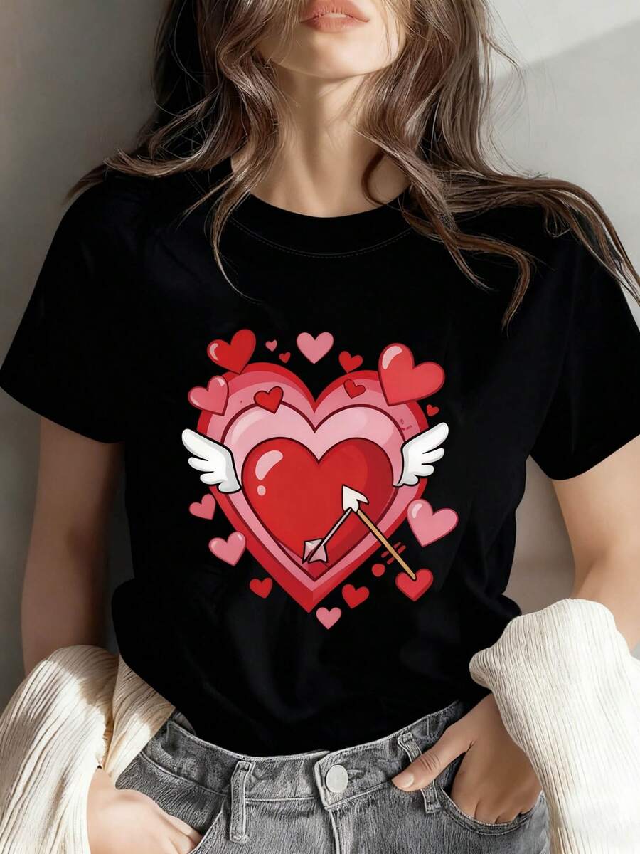Camiseta con Estampado de la Flecha de Cupido, Manga Corta, Cuello Redondo, Estilo Casual, Adecuada para Verano y Primavera, Ropa de Mujer - Camiseta Unisex de Algodón, Estilo Vintage Urbano, Cuello Redondo y Manga Corta - Negro - Ver 1