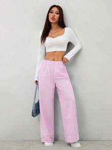 Pantalones casuales de pierna ancha a rayas para mujeres para ir al trabajo - Rosa - Ver 6
