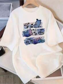 Camiseta de Mujer 100% Algodón con Estampado Gráfico de Lindos Gatos de Dibujos Animados con Elementos de Peces - Blanco - Ver 1