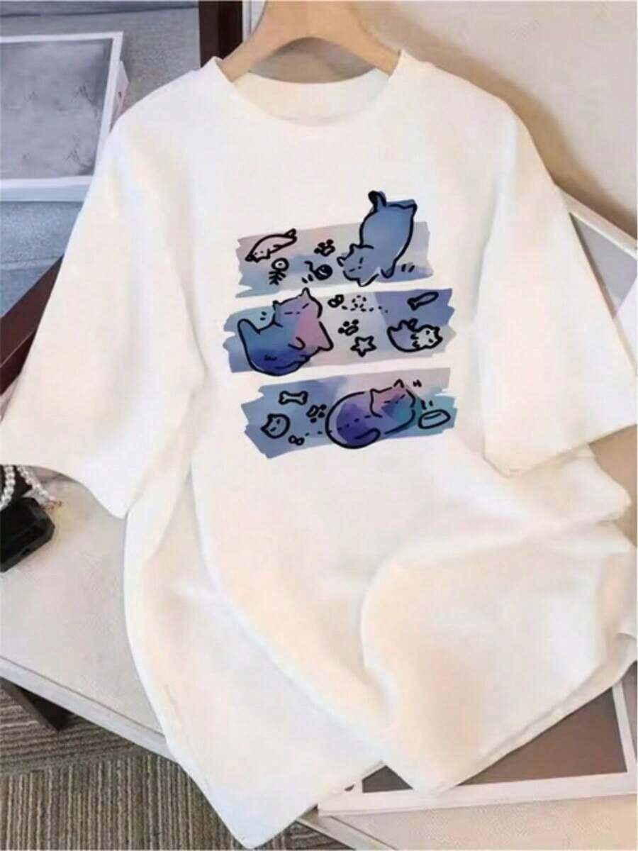 Camiseta de Mujer 100% Algodón con Estampado Gráfico de Lindos Gatos de Dibujos Animados con Elementos de Peces - Blanco - Ver 1