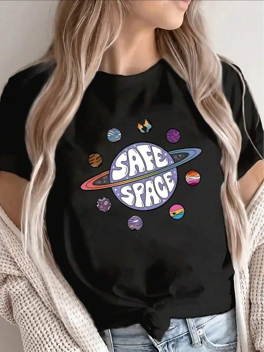 Camiseta de manga corta de poliéster, con diseño de planetas de temática espacial, ligera y duradera, adecuada para uso casual en casa o en una cafetería, con estampados cósmicos coloridos, ideal para un uso diario cómodo. - Negro - Ver 1