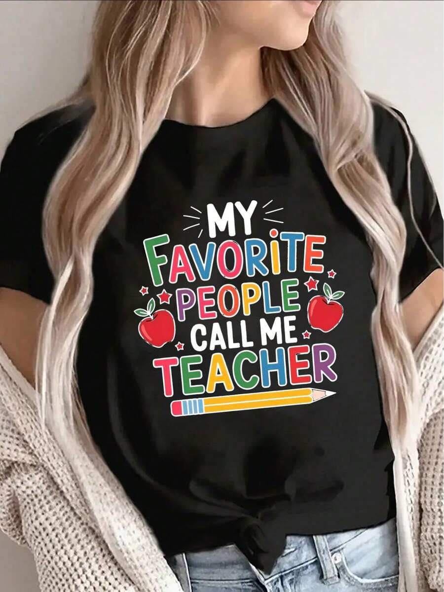 Short-Sleeved Polyester T-Shirt For Teachers, Printed With "My Favorite People Call Me Teacher", Casual Wear For Office Or Home, Lightweight And Durable Design, Fun Gift For Educators - Black - View 1
