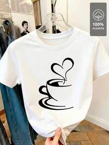 Coffee Heart Steam Black Print - 100% Cotton T-Shirt - [White] - View 4