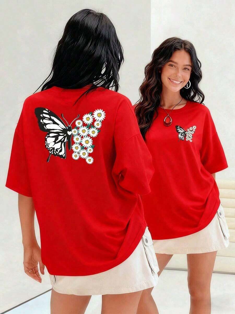 Monarch Butterfly Fused With White Daisies, Women's T-Shirt, 100% Cotton, Symbolizes Transformation, Beauty, And Delicacy-Perfect Balance For Your Everyday Wear. Suitable For Spring, Summer, And Autumn - 紅色 - 查看 1