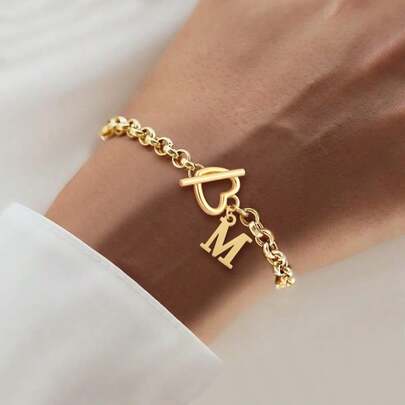 1pc New Classic Initial Pendant Heart Toggle Clasps Golden Stainless Steel Chain Bracelets For Women
