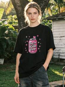 Women's Summer Clothes, Soft Cotton Casual T-Shirt With Round Neck, Pink Soda Can Letter Print. Black. - 黑色 - 查看 3