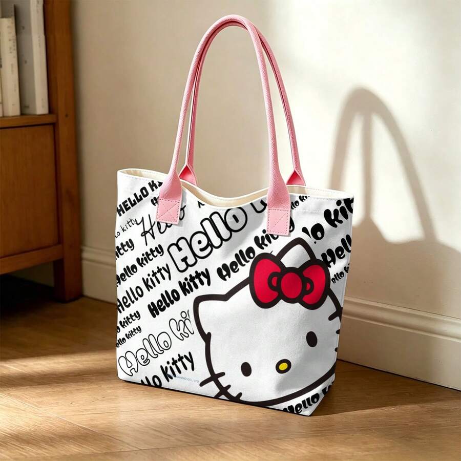 Miniso 三丽鸥Hello Kitty涂鸦风格帆布手提包,白色单肩包,日常使用 - 粉色 - 查看 1