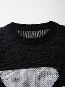 New Spring/Summer American Retro Peace Dove Jacquard Contrast Color Mesh Hollow Knit Short Sleeve Men Loose Casual Top - Black - View 5