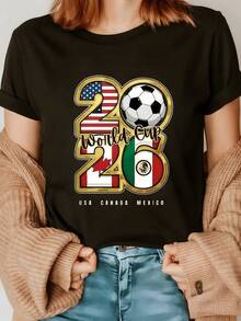 Symbols Of Sporting Enthusiasm With Numbers Filled With Flags Of The United States, Canada, And Mexico Alongside A Ball That Reflects Unity, Passion, And Global Energy. Comfortable And Modern Women's T-Shirt For Soccer Fans - 黑色 - 查看 1