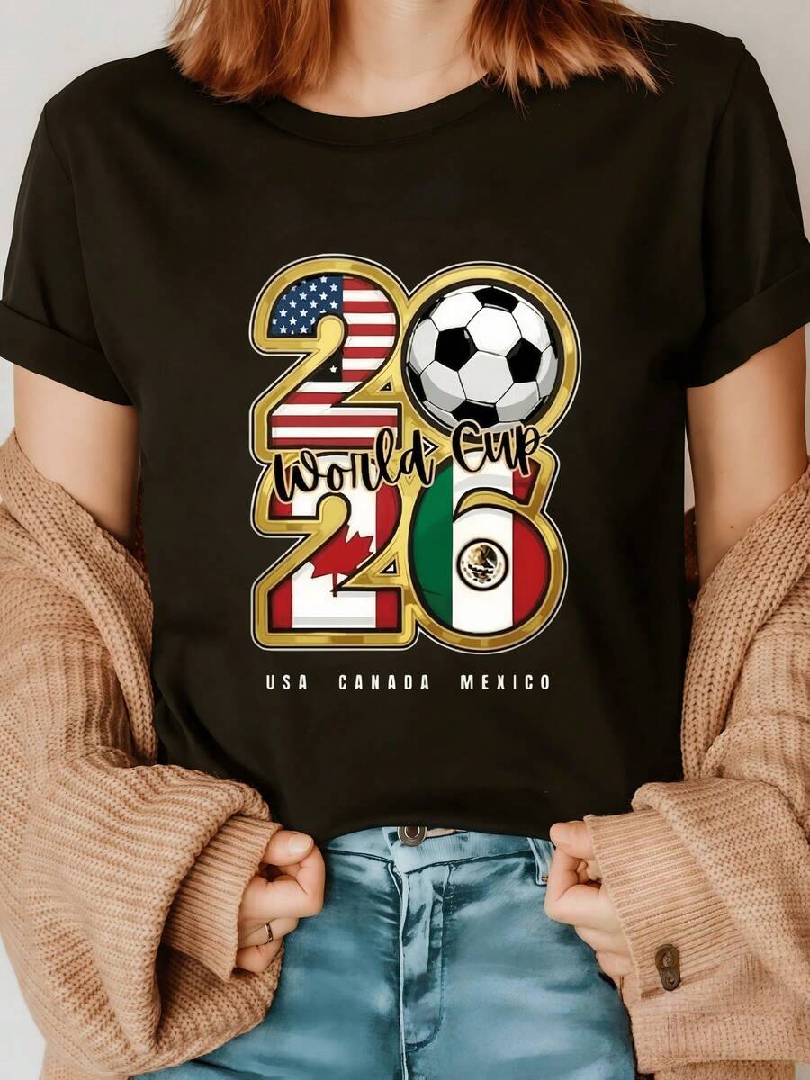 Symbols Of Sporting Enthusiasm With Numbers Filled With Flags Of The United States, Canada, And Mexico Alongside A Ball That Reflects Unity, Passion, And Global Energy. Comfortable And Modern Women's T-Shirt For Soccer Fans - 黑色 - 查看 1