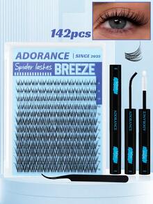 ADORANCE 142片蜘蛛睫毛簇，纤细轻盈，自然飘逸，维纳斯簇睫毛嫁接，D型卷翘，适合角色扮演，单根睫毛，隐形带，可在家DIY，长度8-16毫米，含粘合剂和封层剂，以及睫毛辅助器 - 黑色 - 查看 1